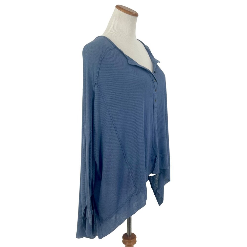 NWT Free People Blue Oversized Long Sleeve Waffle Knit Henley Top - Picture 2 of 14